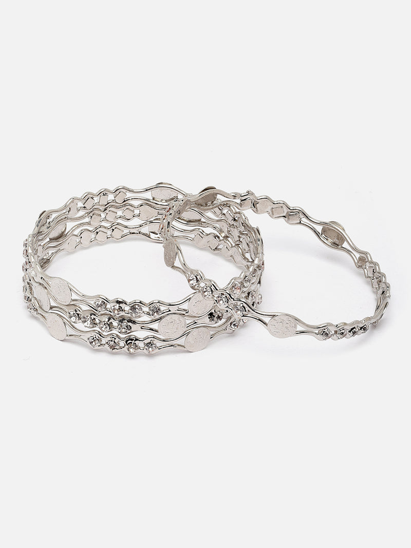 Oxidised Silver-Plated White American Diamond studded Temple Coin Bangles Jewellery Set (Set Of 4)