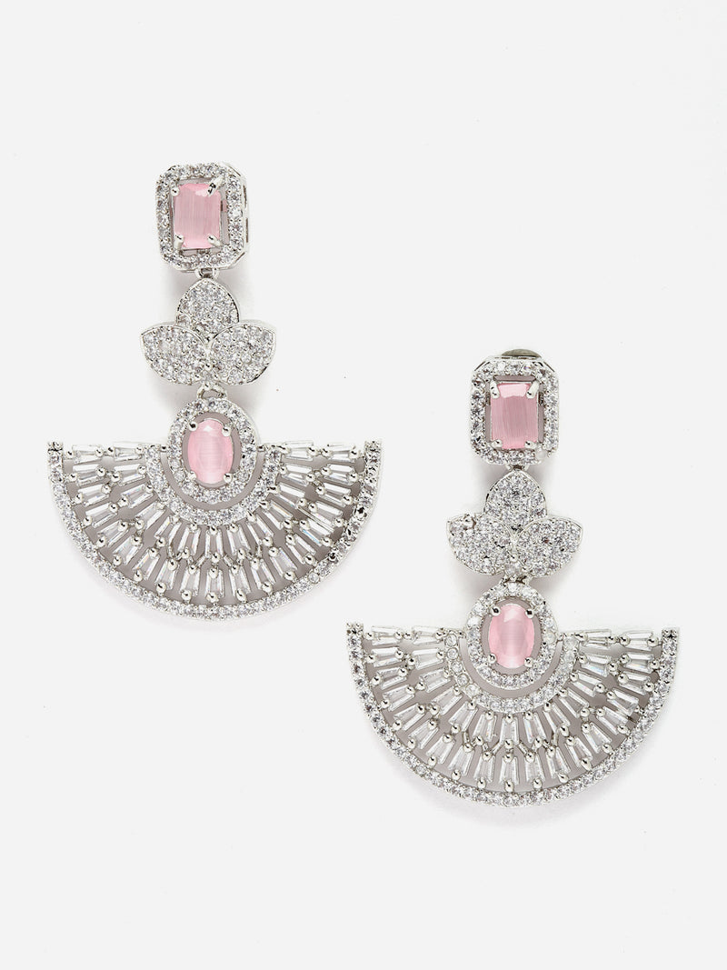Rhodium-Plated Pink & White American Diamond studded Leaf Shaped Drop Earrings
