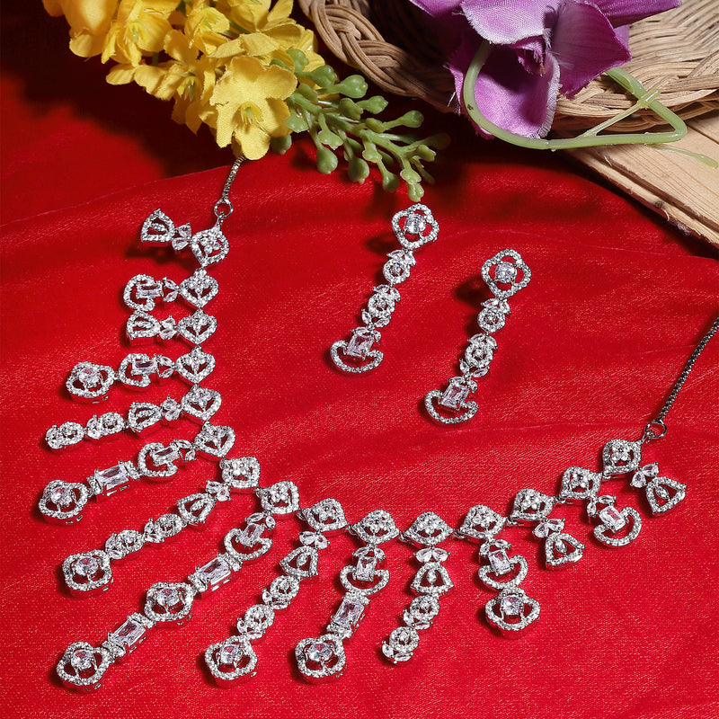 Rhodium-Plated White American Diamond Studded Floral Tasselled Necklace & Earrings Jewellery Set