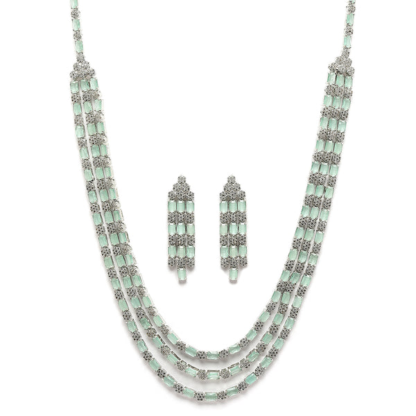 Rhodium-Plated Sea Green American Diamond Studded Layered Necklace & Earrings Jewellery Set