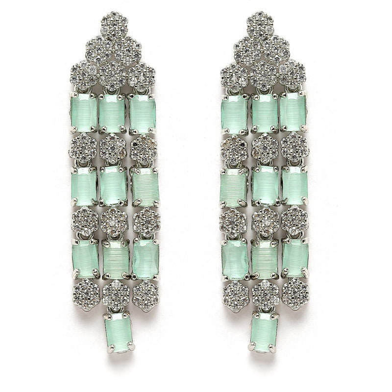 Rhodium-Plated Sea Green American Diamond Studded Layered Necklace & Earrings Jewellery Set