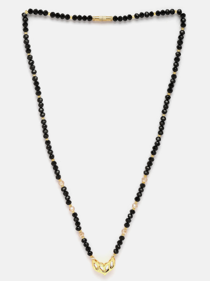 Gold-Plated Black & White Artificial Stones Studded & Beads Beaded Locket Mangalsutra
