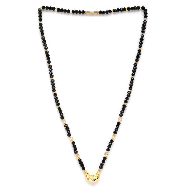 Gold-Plated Black & White Artificial Stones Studded & Beads Beaded Locket Mangalsutra
