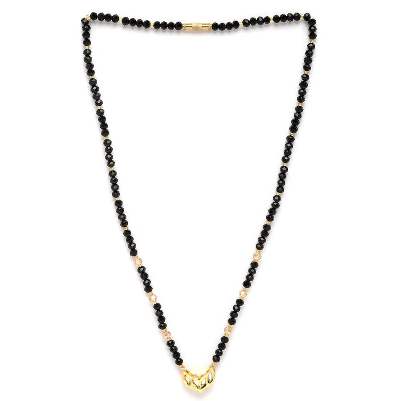 Gold-Plated Black & White Artificial Stones Studded & Beads Beaded Locket Mangalsutra