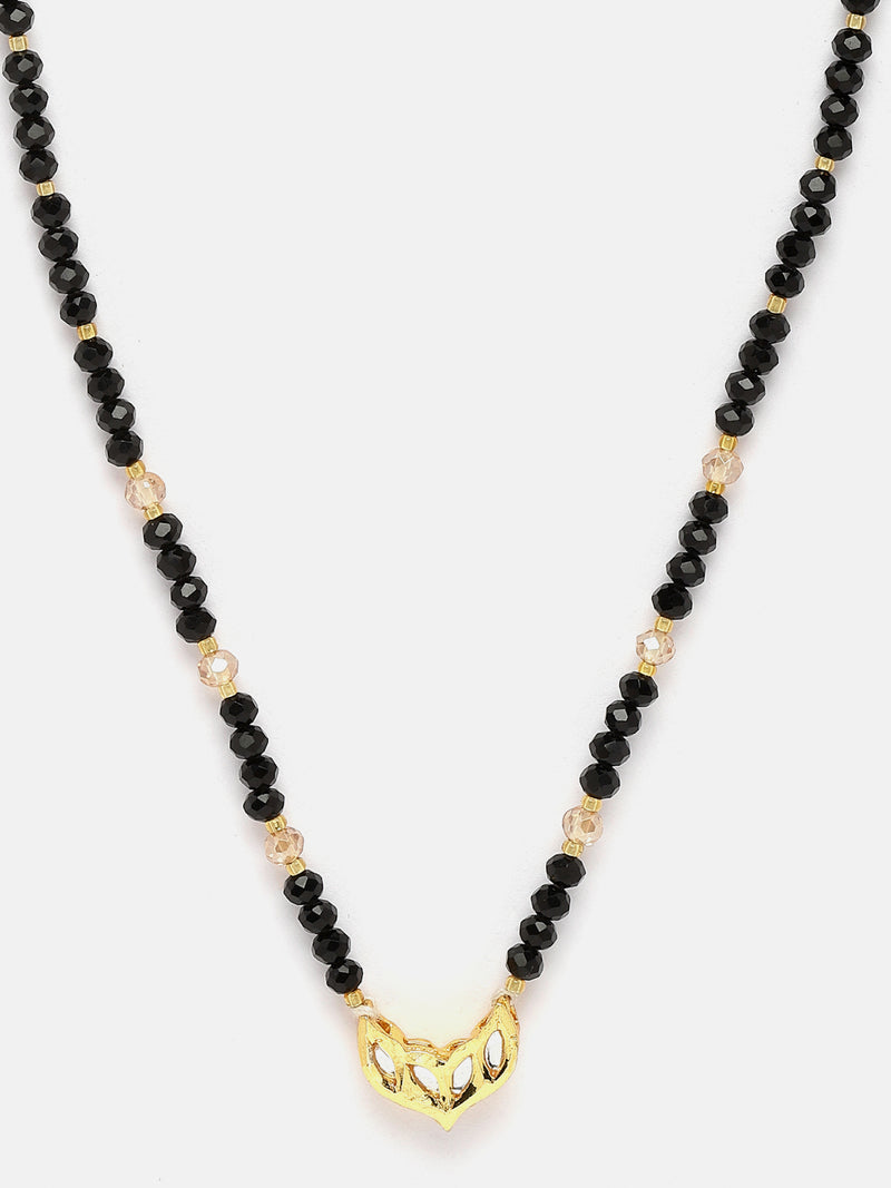 Gold-Plated Black & White Artificial Stones Studded & Beads Beaded Locket Mangalsutra