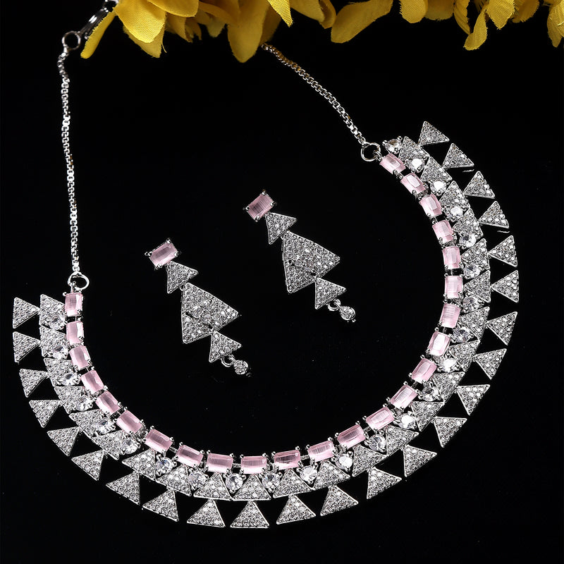 Rhodium-Plated Pink American Diamond Studded Triangular Design Necklace & Earrings Jewellery Set