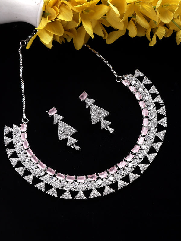 Rhodium-Plated Pink American Diamond Studded Triangular Design Necklace & Earrings Jewellery Set