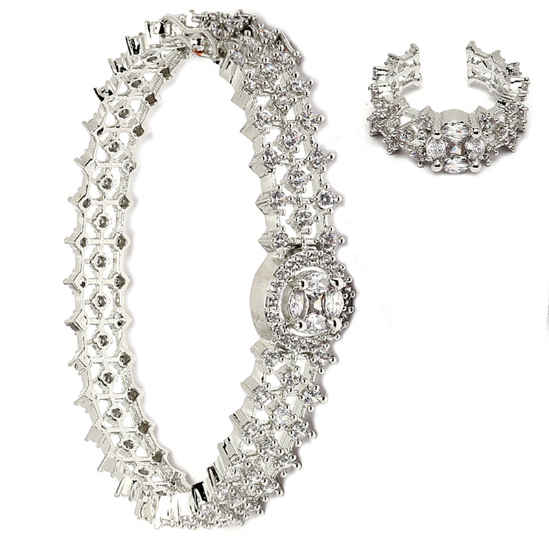 Rhodium Plated Silver Toned White American Diamond Studded Bracelet with Ring