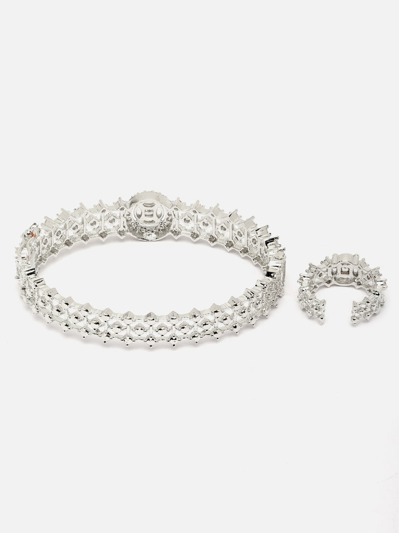 Rhodium-Plated with Silver-Toned White Bracelet with Ring