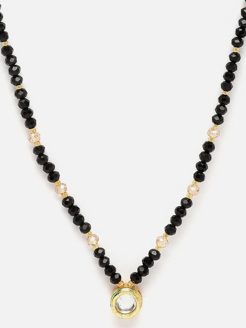 Gold-Plated Black & White Artificial Stones Studded & Beads Beaded Round Shaped Locket Mangalsutra