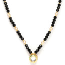 Gold-Plated Black & White Artificial Stones Studded & Beads Beaded Round Shaped Locket Mangalsutra