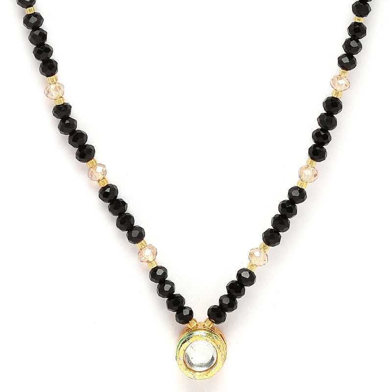 Gold-Plated Black & White Artificial Stones Studded & Beads Beaded Round Shaped Locket Mangalsutra