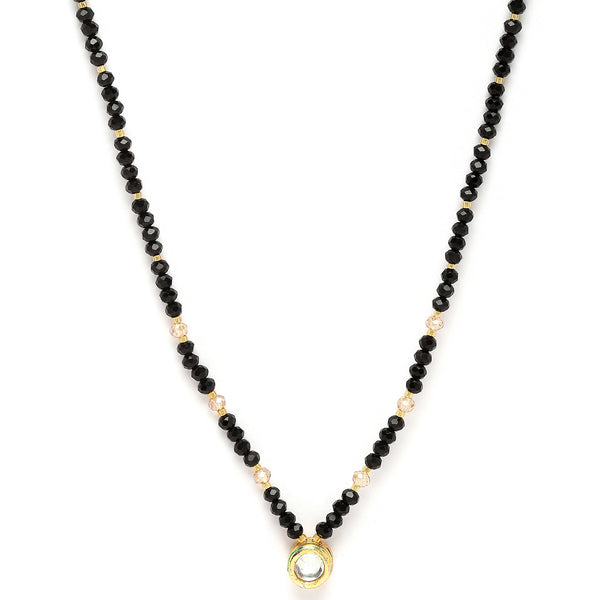 Gold-Plated Black & White Artificial Stones Studded & Beads Beaded Round Shaped Locket Mangalsutra