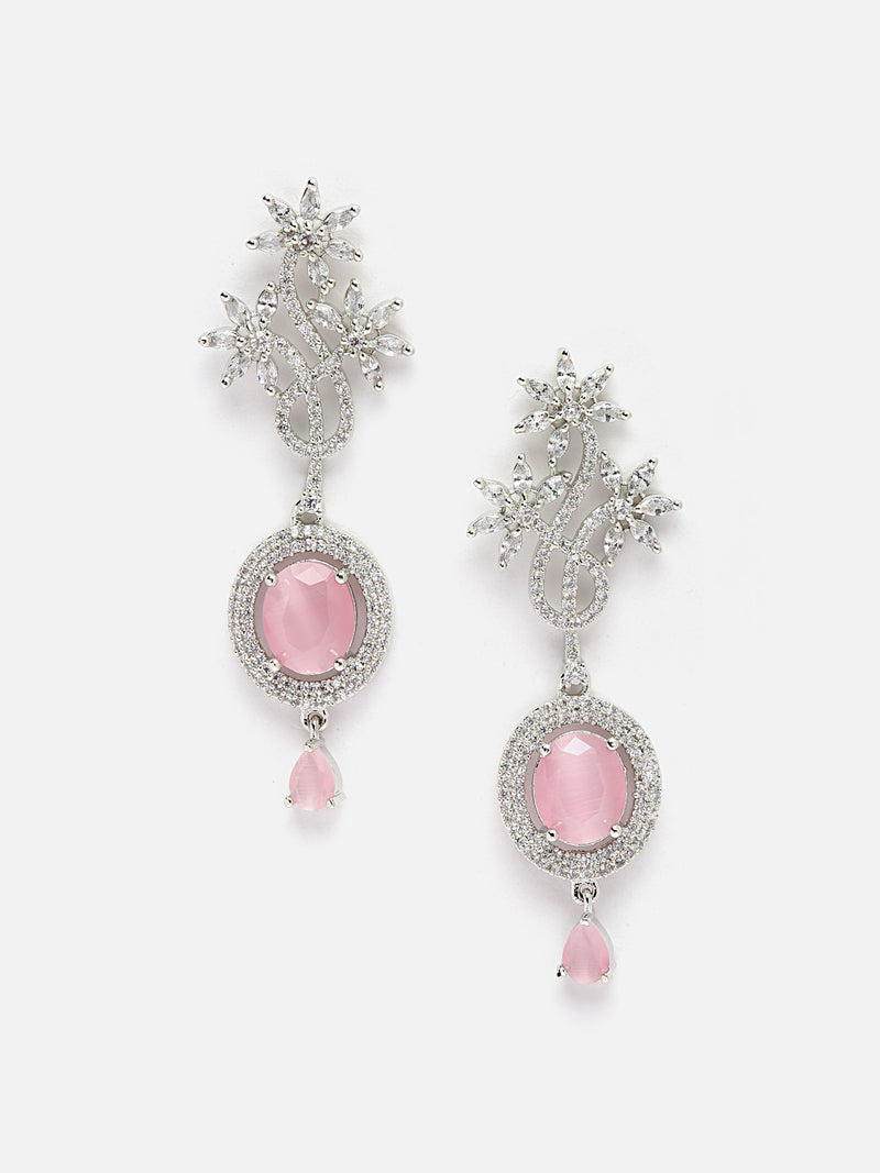 Rhodium-Plated Pink American Diamond studded Contemporary Drop Earrings