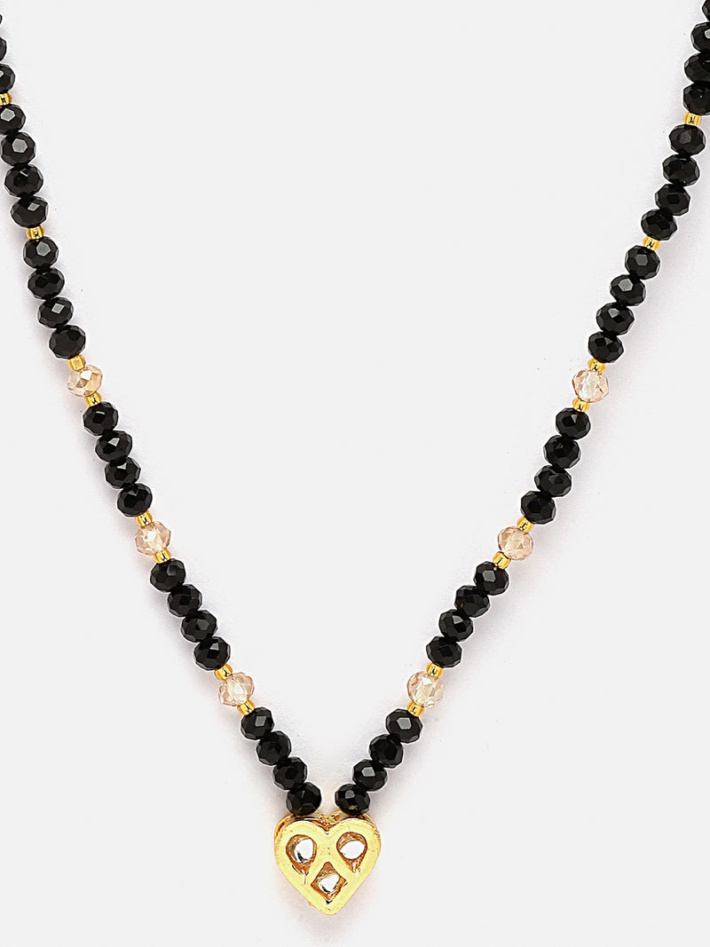 Gold-Plated Black & White Artificial Stones Studded & Beads Beaded Heart Shaped Locket Mangalsutra
