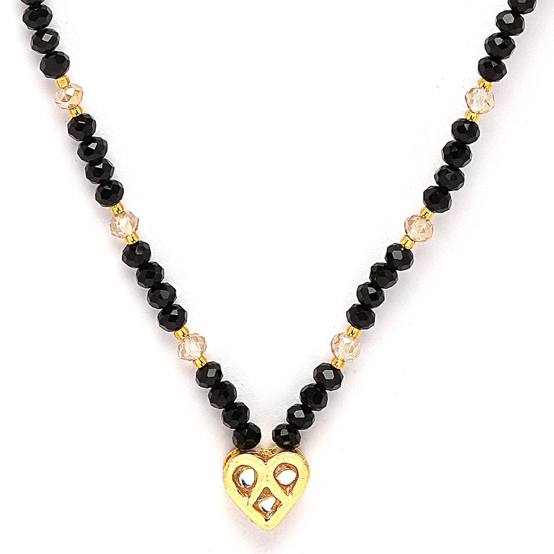 Gold-Plated Black & White Artificial Stones Studded & Beads Beaded Heart Shaped Locket Mangalsutra