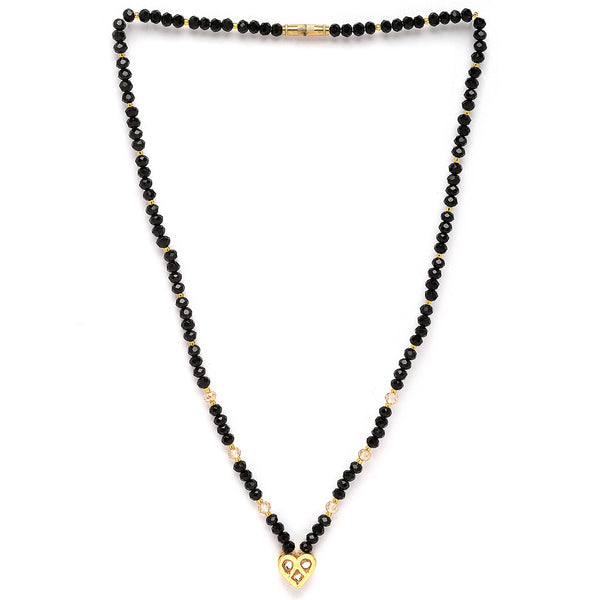 Gold-Plated Black & White Artificial Stones Studded & Beads Beaded Heart Shaped Locket Mangalsutra