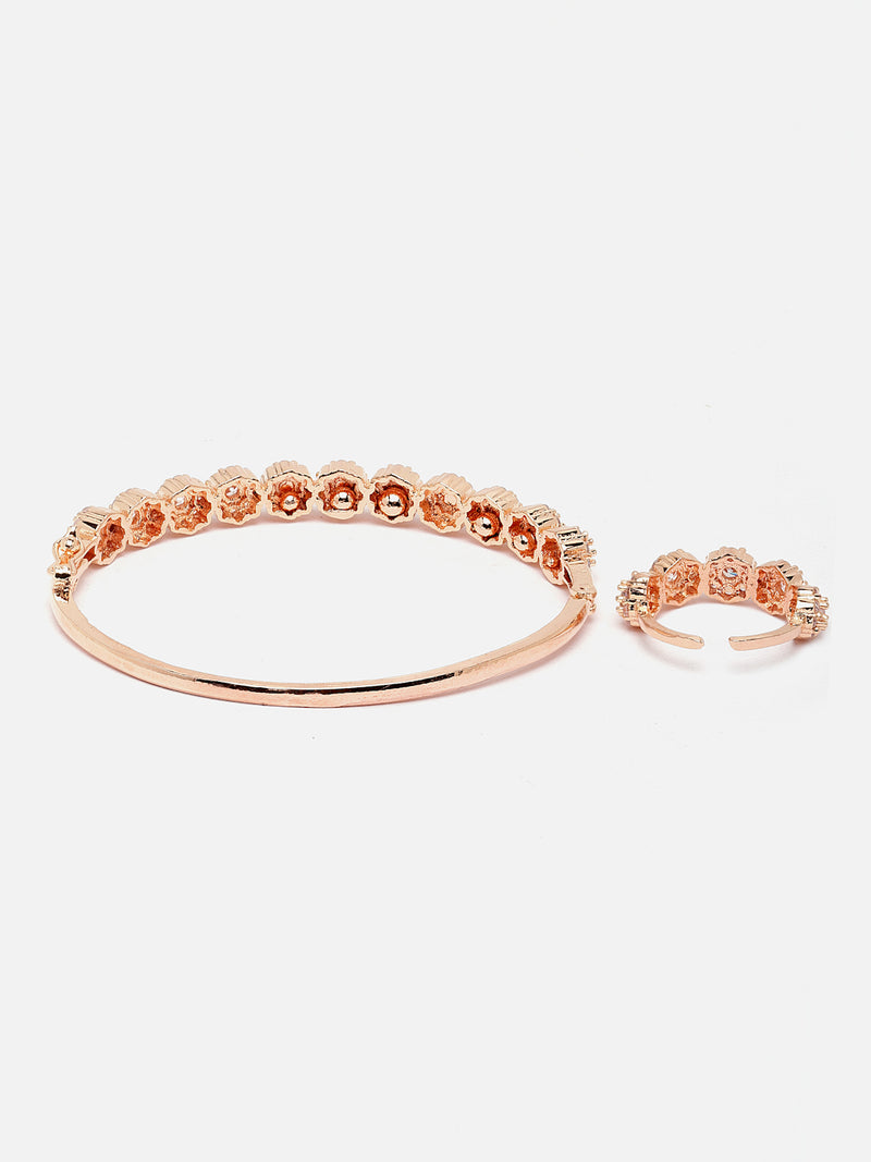 Rose Gold-Plated White American Diamond studded Bangle-Style Bracelet with Matching Ring