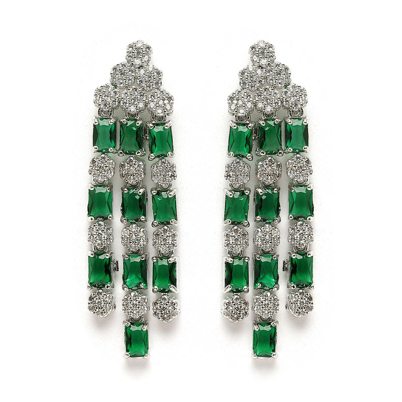 Rhodium-Plated Green American Diamond Studded Layered Necklace & Earrings Jewellery Set
