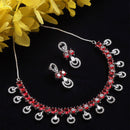 Rhodium-Plated Red American Diamonds Studded Contemporary Necklace & Earrings Jewellery Set