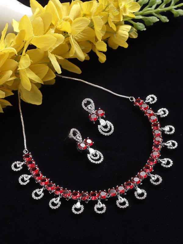 Rhodium-Plated Red American Diamonds Studded Contemporary Necklace & Earrings Jewellery Set