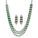 Rhodium-Plated Green American Diamond Studded Layered Necklace & Earrings Jewellery Set