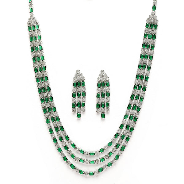 Rhodium-Plated Green American Diamond Studded Layered Necklace & Earrings Jewellery Set