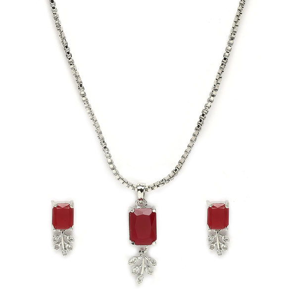 Rhodium-Plated Red American Diamond Studded Square & Leaf Shaped Pendant with Earrings Jewellery Set
