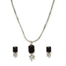 Rhodium-Plated Navy Blue American Diamond Studded Square & Leaf Shaped Pendant with Earrings Jewellery Set