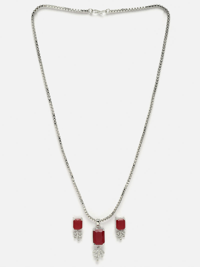 Rhodium-Plated Red American Diamond Studded Square & Leaf Shaped Pendant with Earrings Jewellery Set
