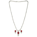 Rhodium-Plated Red American Diamond Studded Square & Leaf Shaped Pendant with Earrings Jewellery Set