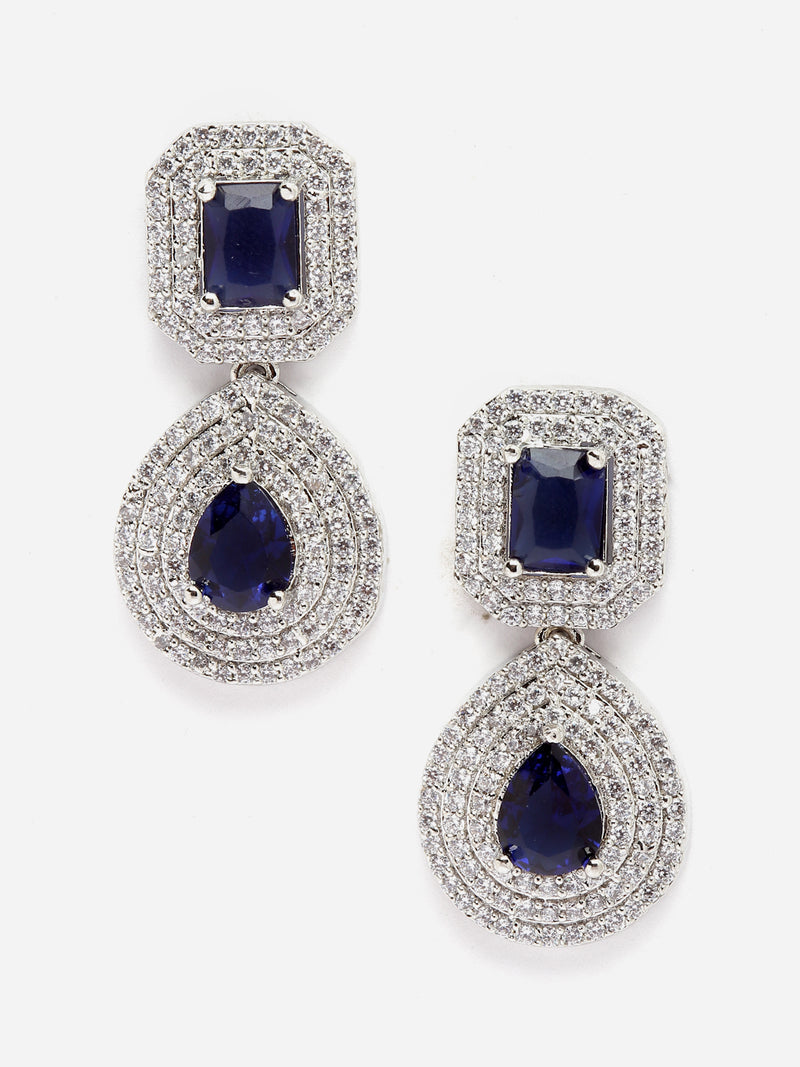 Rhodium-Plated Navy Blue & White American Diamond studded Square & Teardrop Shaped Drop Earrings