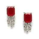 Rhodium-Plated Red American Diamond Studded Square & Leaf Shaped Pendant with Earrings Jewellery Set
