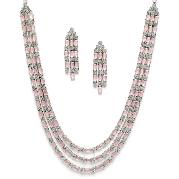 Rhodium-Plated Pink American Diamond Studded Layered Necklace & Earrings Jewellery Set
