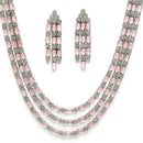 Rhodium-Plated Pink American Diamond Studded Layered Necklace & Earrings Jewellery Set