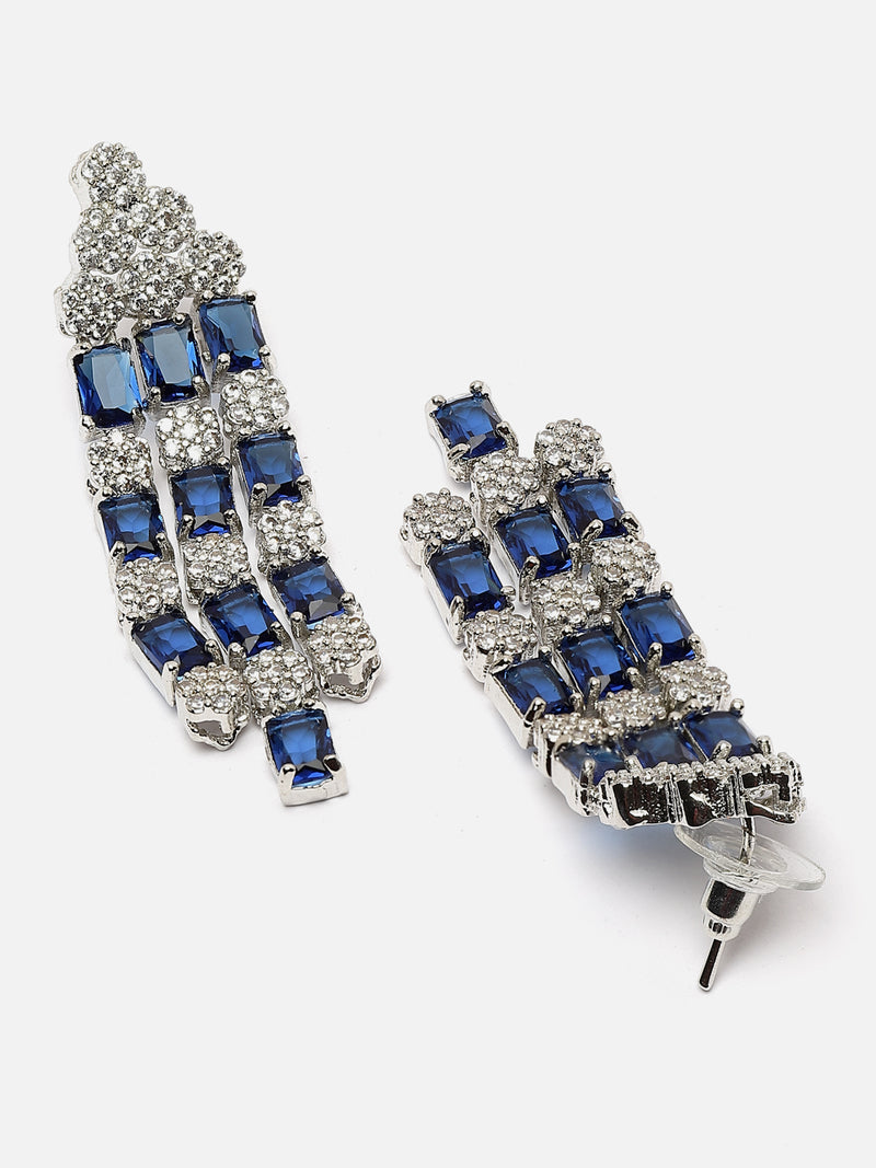Rhodium-Plated Navy Blue American Diamond Studded Layered Necklace & Earrings Jewellery Set
