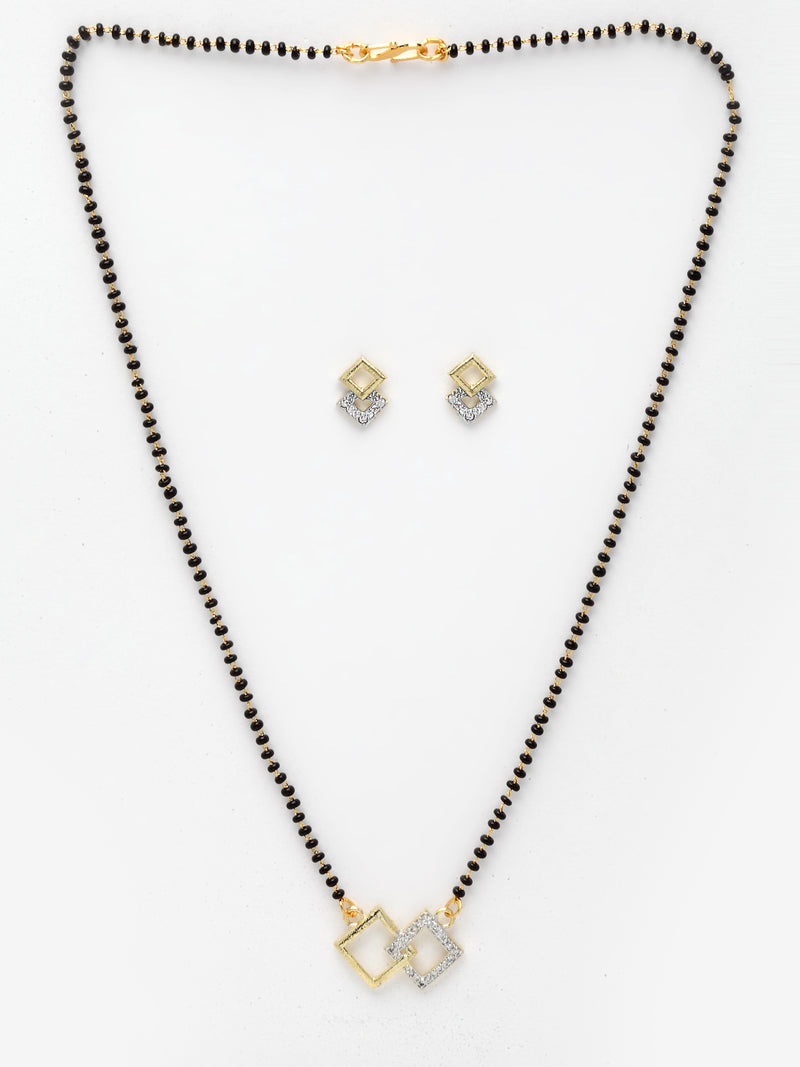 Gold-Plated & White AD-Studded & Beaded Square Shaped Mangalsutra Set