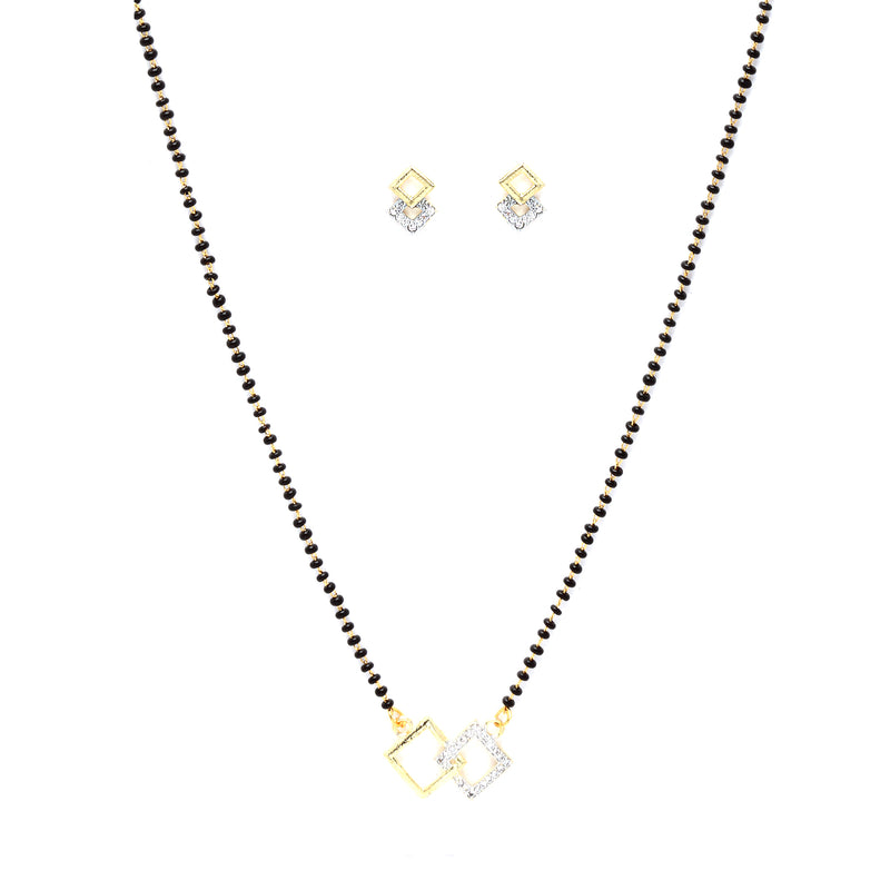Gold-Plated & White AD-Studded & Beaded Square Shaped Mangalsutra Set
