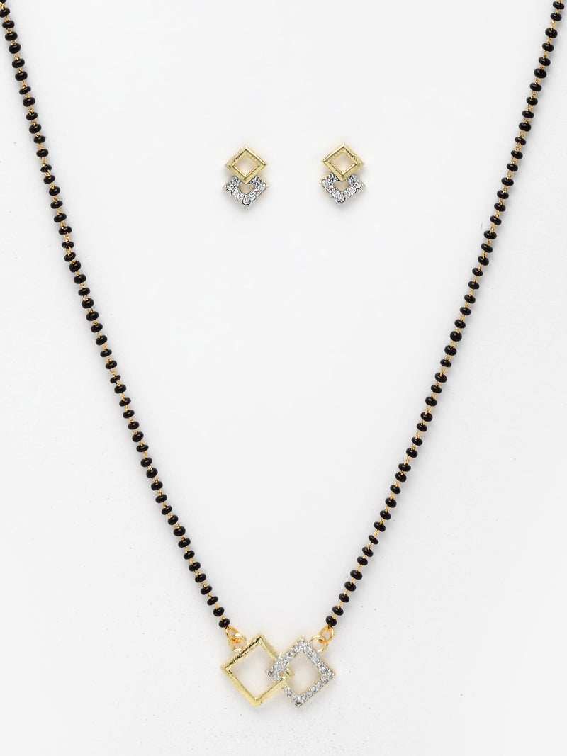 Gold-Plated & White AD-Studded & Beaded Square Shaped Mangalsutra Set
