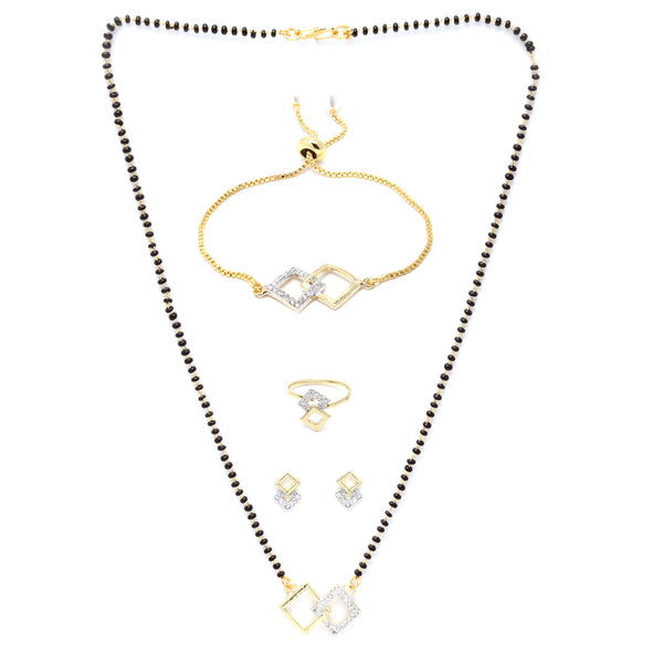Gold-Plated & White AD-Studded & Beaded Square Shaped Mangalsutra Set