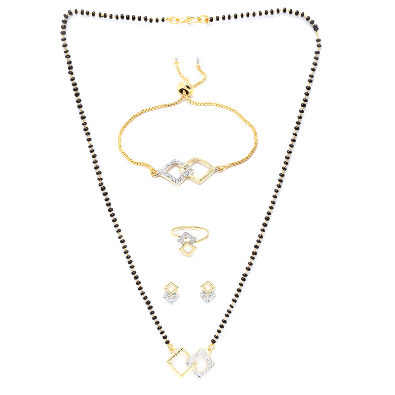 Gold-Plated & White AD-Studded & Beaded Square Shaped Mangalsutra Set