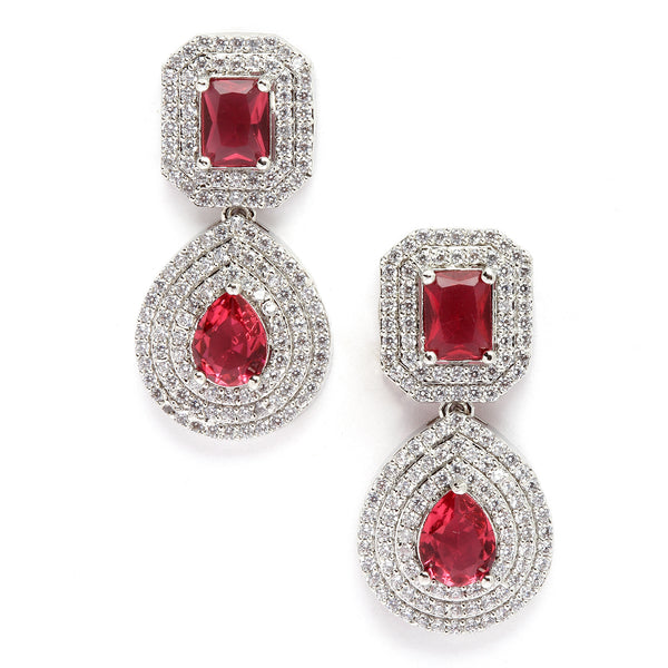 Rhodium-Plated Red & White American Diamond studded Square & Teardrop Shaped Drop Earrings