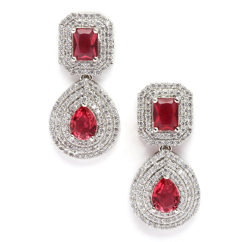 Rhodium-Plated Red & White American Diamond studded Square & Teardrop Shaped Drop Earrings