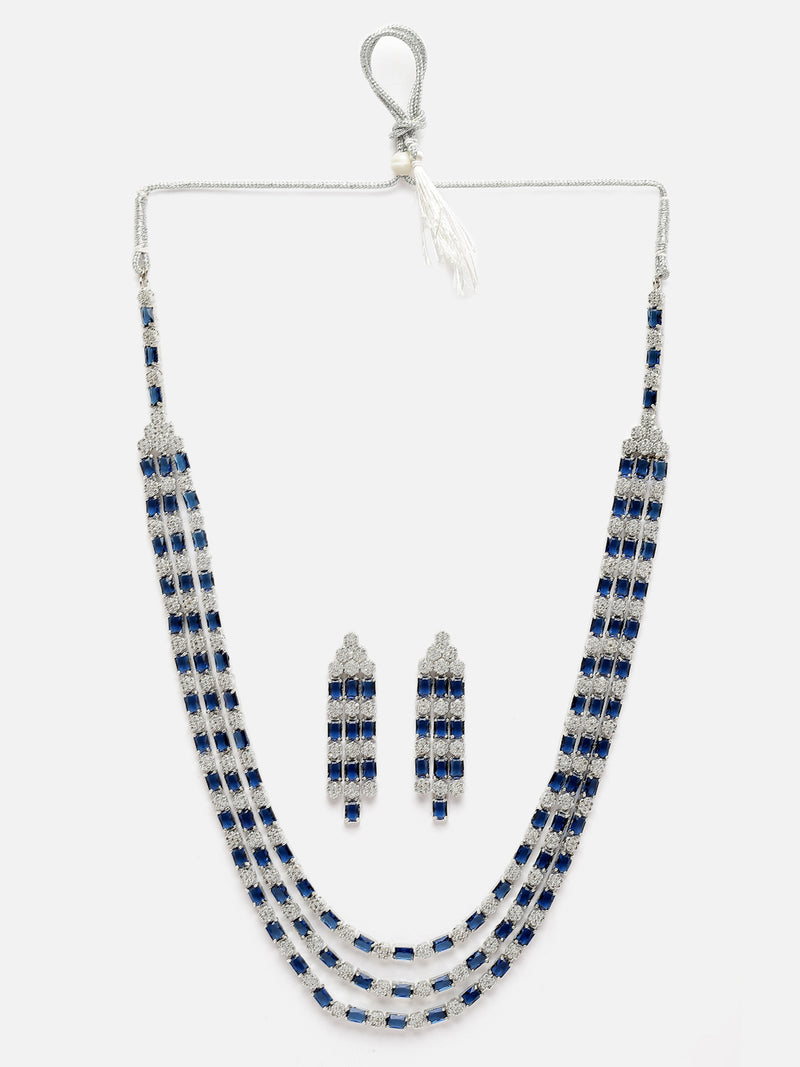 Rhodium-Plated Navy Blue American Diamond Studded Layered Necklace & Earrings Jewellery Set