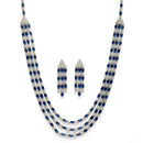 Rhodium-Plated Navy Blue American Diamond Studded Layered Necklace & Earrings Jewellery Set