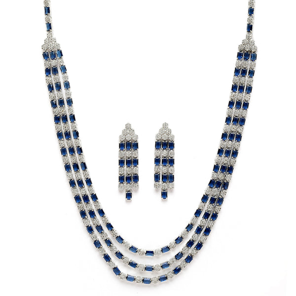Rhodium-Plated Navy Blue American Diamond Studded Layered Necklace & Earrings Jewellery Set