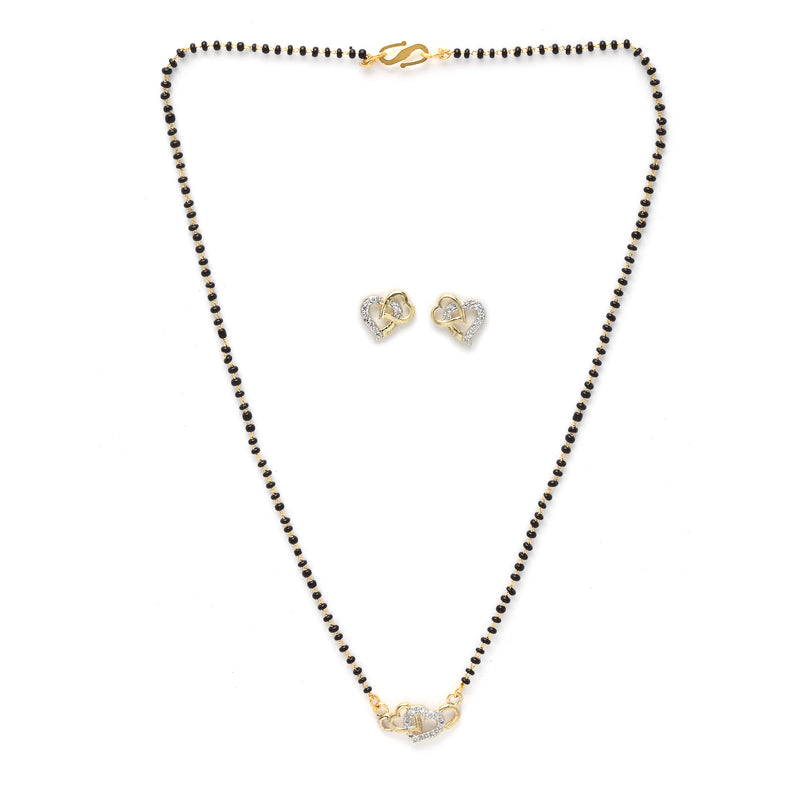 Gold-Plated & White AD-Studded & Beaded Heart Shaped Mangalsutra Set