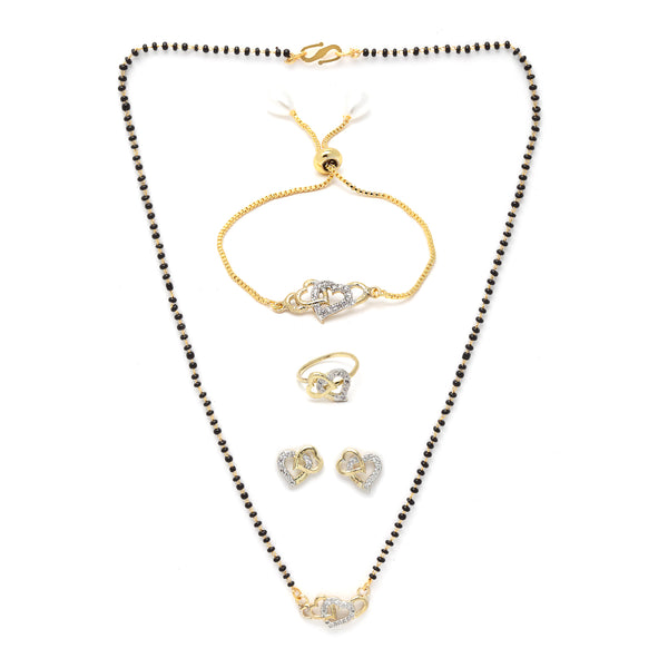 Gold-Plated & White AD-Studded & Beaded Heart Shaped Mangalsutra Set