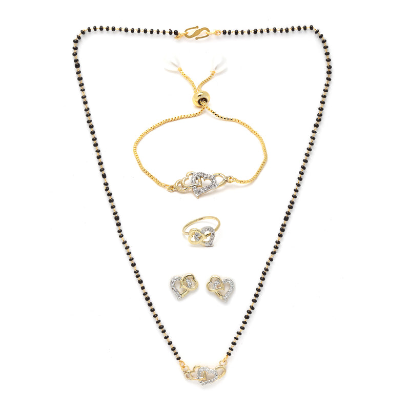 Gold-Plated & White AD-Studded & Beaded Heart Shaped Mangalsutra Set