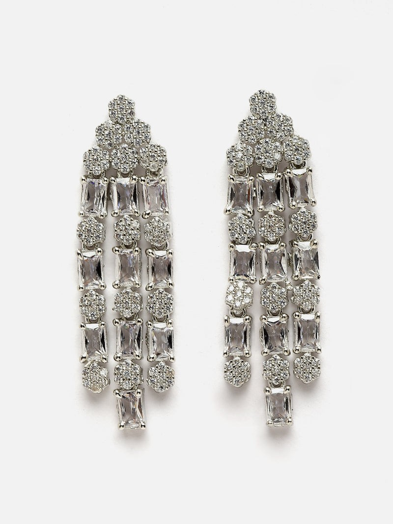 Rhodium-Plated White American Diamond Studded Layered Necklace & Earrings Jewellery Set